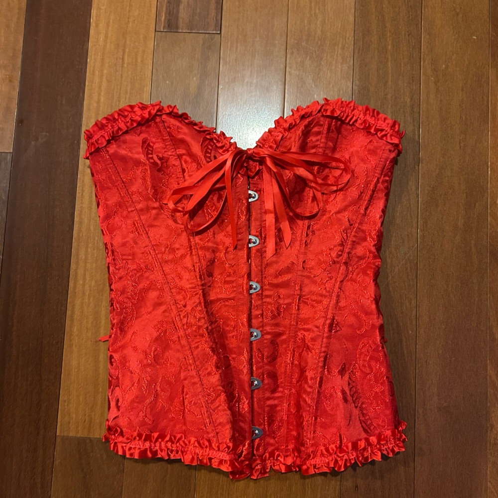 Vintage Satin Corset With Ruffle Trim XS